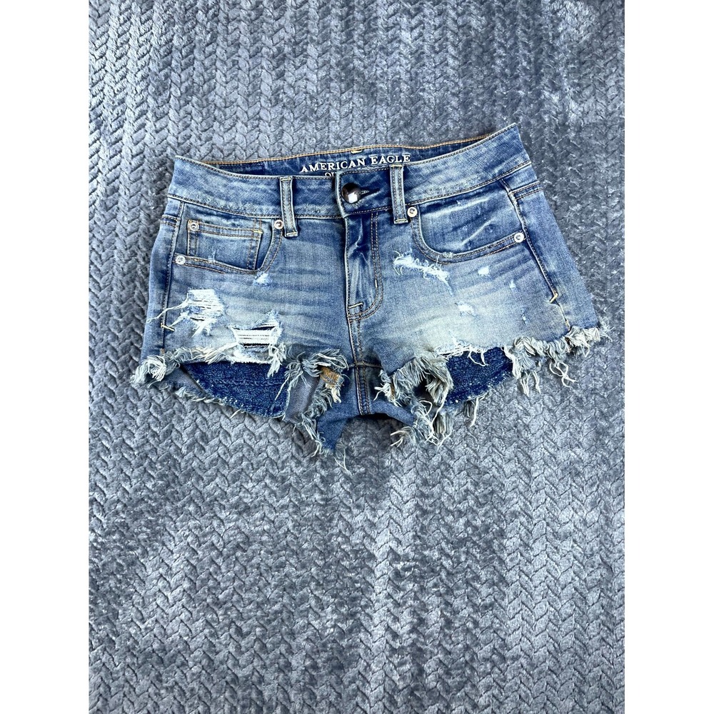 American Eagle Outfitters Cut Off Shorts Womens 2 Blue Cotton Stretch Distressed